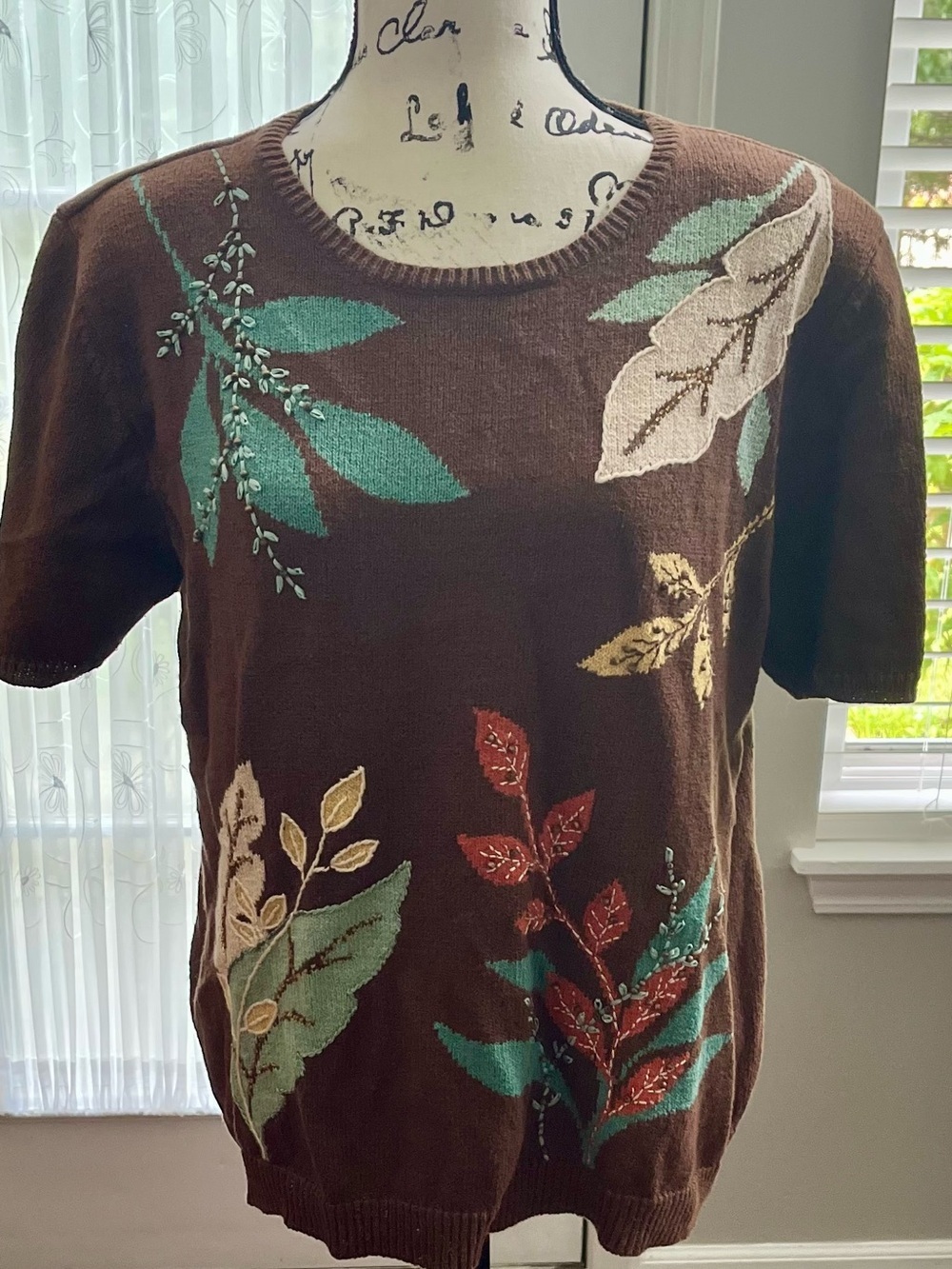 Alfred Dunner Brown Embellished Floral Leaf Knit Sweater Top Size L